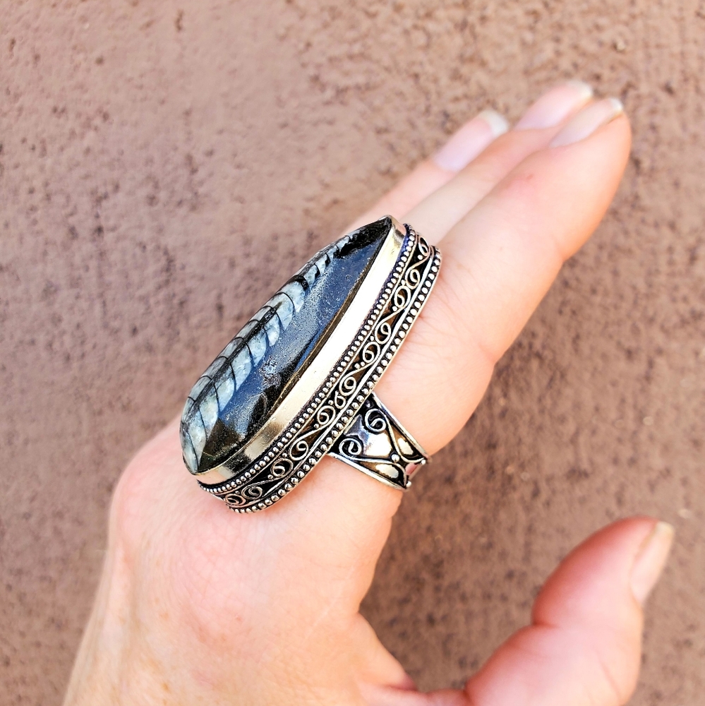 New Huge Orthoceras Fossil 925 Silver Ring. - Picture 5 of 16